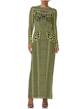 AFRM Shailene Mixed Print Long Sleeve Mesh Maxi Dress Yellow Green Black M Party